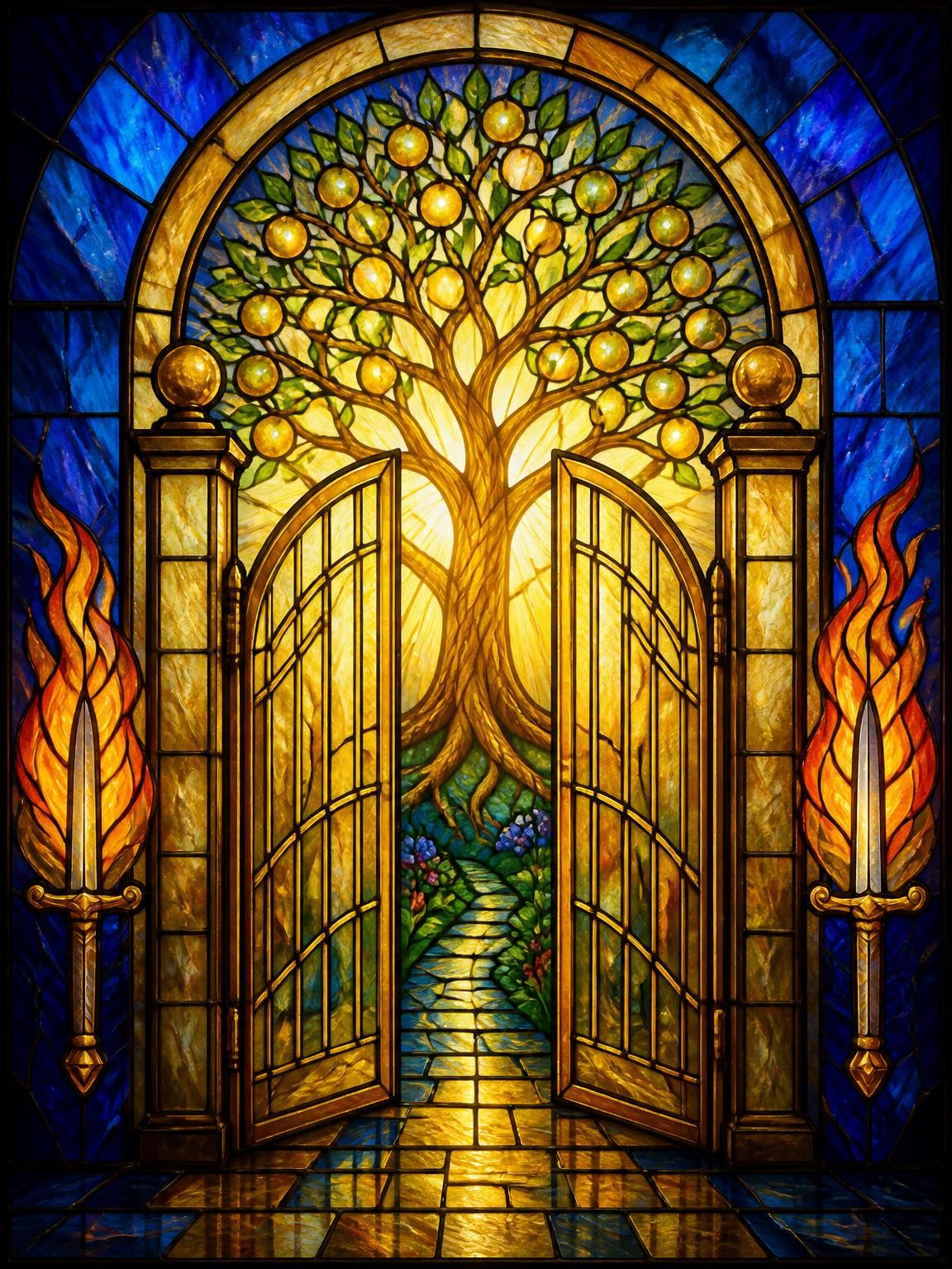 The Light Before The Foundation — luminous stained-glass artwork of the Tree of Life seen through open golden gates flanked by flaming swords
