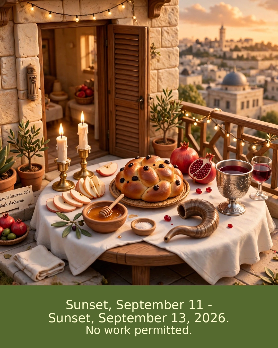 Rosh Hashanah table set with challah, honey and shofar at sunset